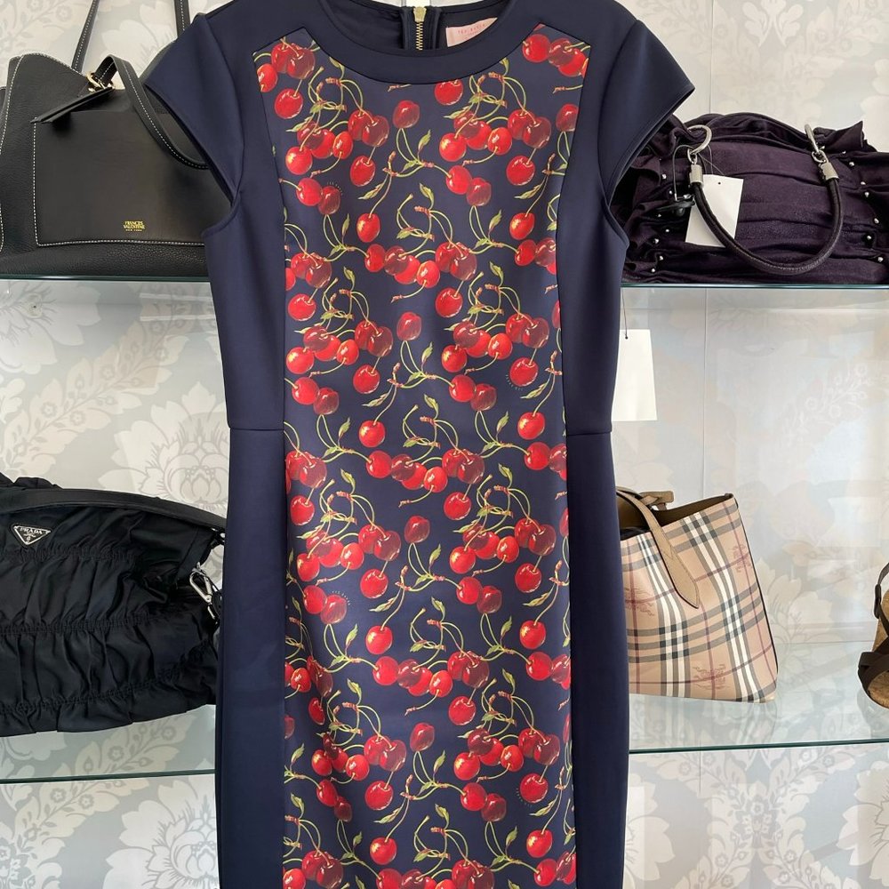TED BAKER Navy & Red Cherry Front Cap Sleeve Dress